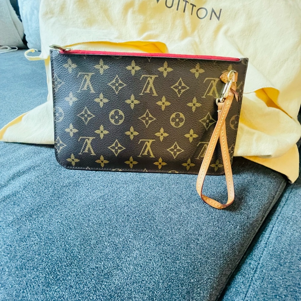 Louis Vuitton Monogram Canvas Wristlet with Red Trim and Tan Strap